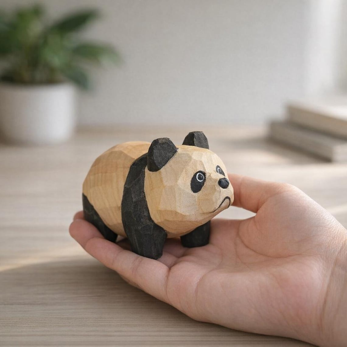 Wooden Panda Figurine Desk Decor, Small Animal Tabletop Display
