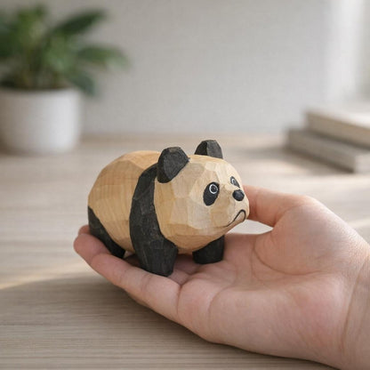 Wooden Panda Figurine Desk Decor, Small Animal Tabletop Display