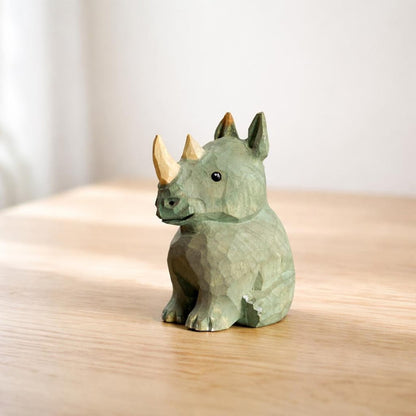 Wooden Rhinoceros Figurine Desk Decor, Small Animal Tabletop Display