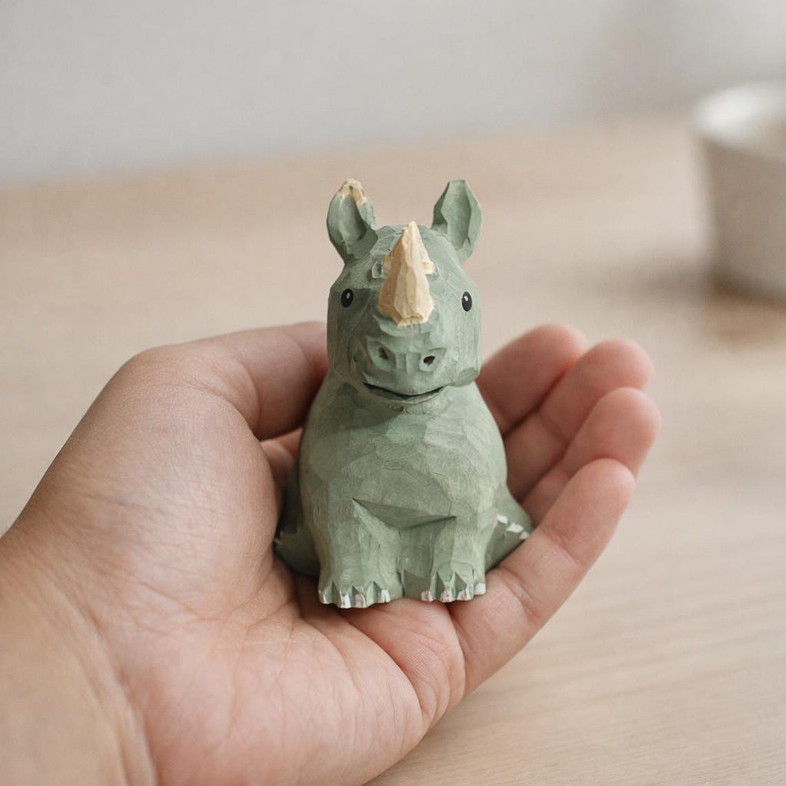 Wooden Rhinoceros Figurine Desk Decor, Small Animal Tabletop Display